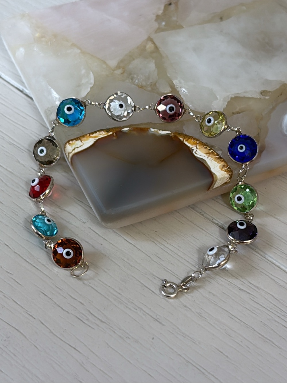 Silver Multicolor Evil Eye Crystal Bead Bracelet - Women Jewelry